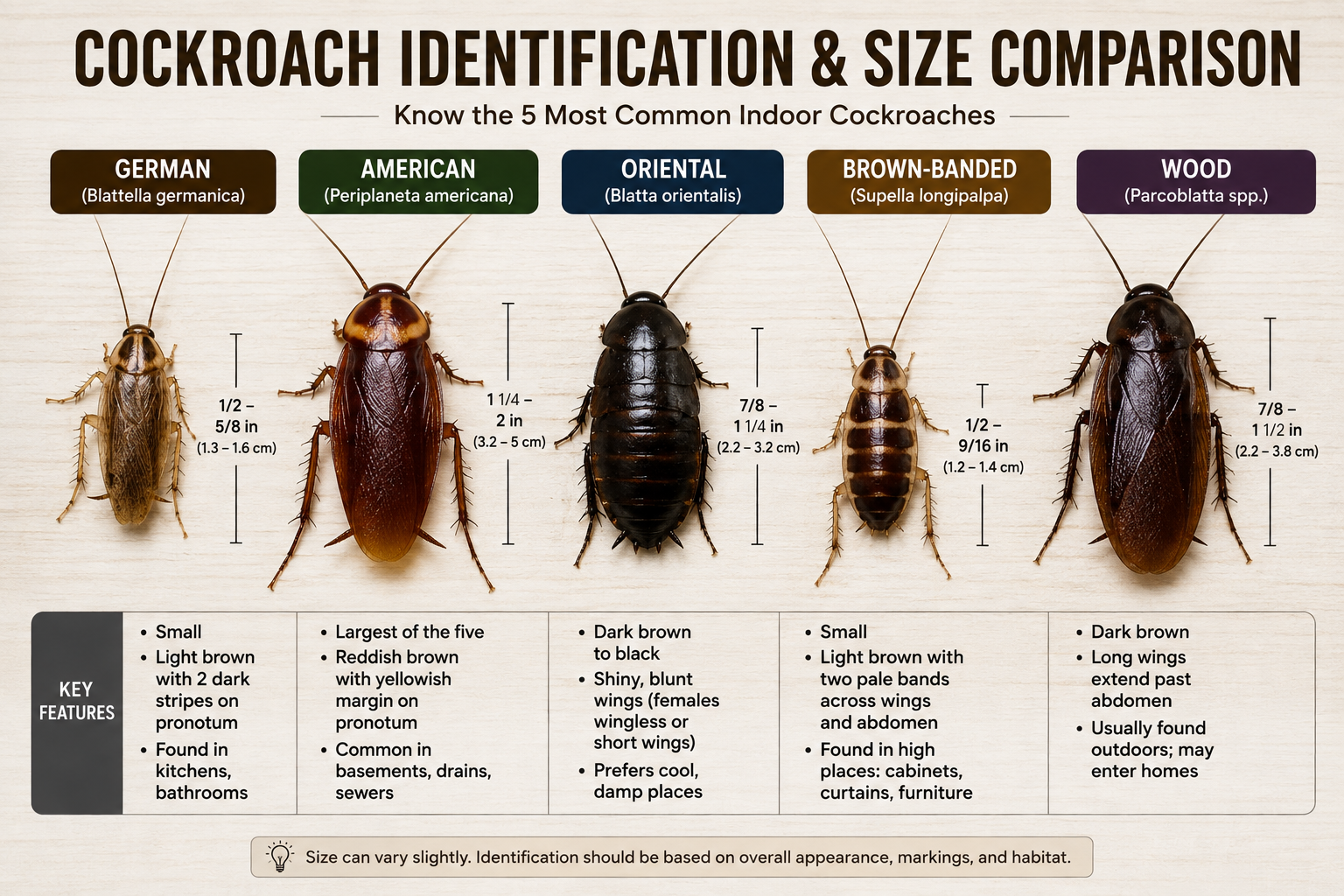 Comparing each cockroach type