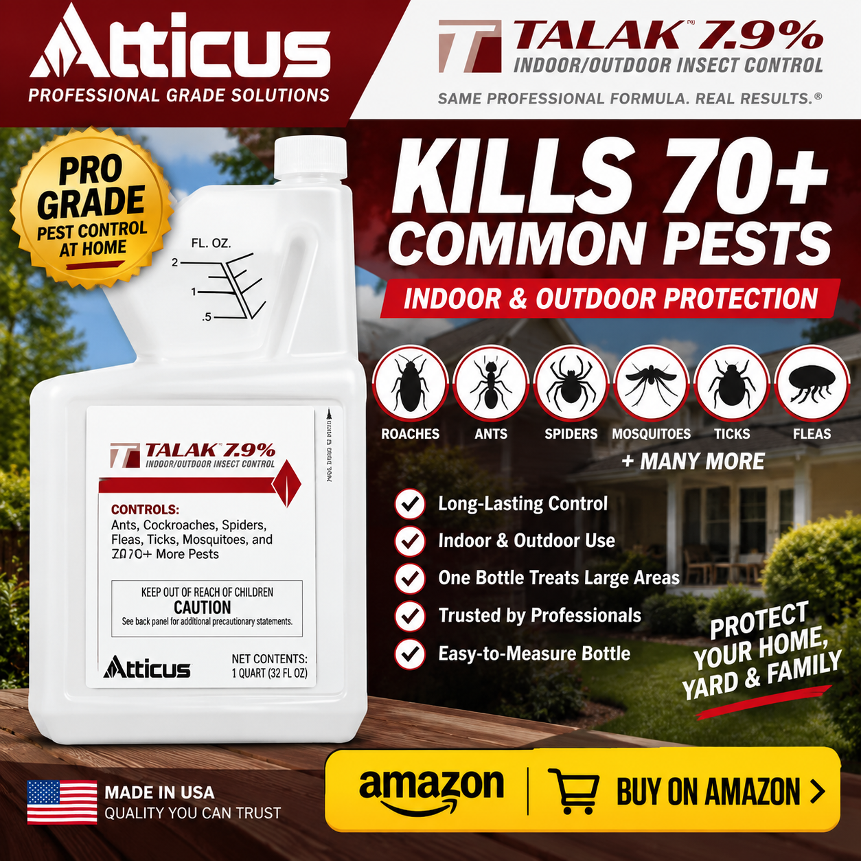 Atticus talak 7.9% bug killer kills 70+ bugs - box elder bugs, spiders, ants, mosquitoes, ticks, fleas, roaches and more